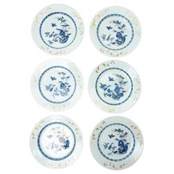 Set of six Chinese export blue and white plates, painted with ducks within a border of gil...