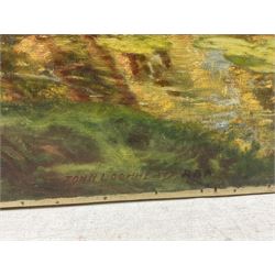 John Lochhead RBA (Scottish 1866-1921): 'Land of Happy Dreams' on the banks of the Great Ouse, oil on canvas signed, titled and dated 1920 verso 107cm x 122cm (unframed)
Notes: period newspaper cutting verso giving details of the artist's studio and referring to the 'Land of Happy Dreams' as his largest work