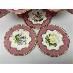 Victorian dessert service, comprising four comports and nine plates, each decorated with floral sprigs to the centre with a pink and gilt border, largest comport H13cm, plate D22.5cm