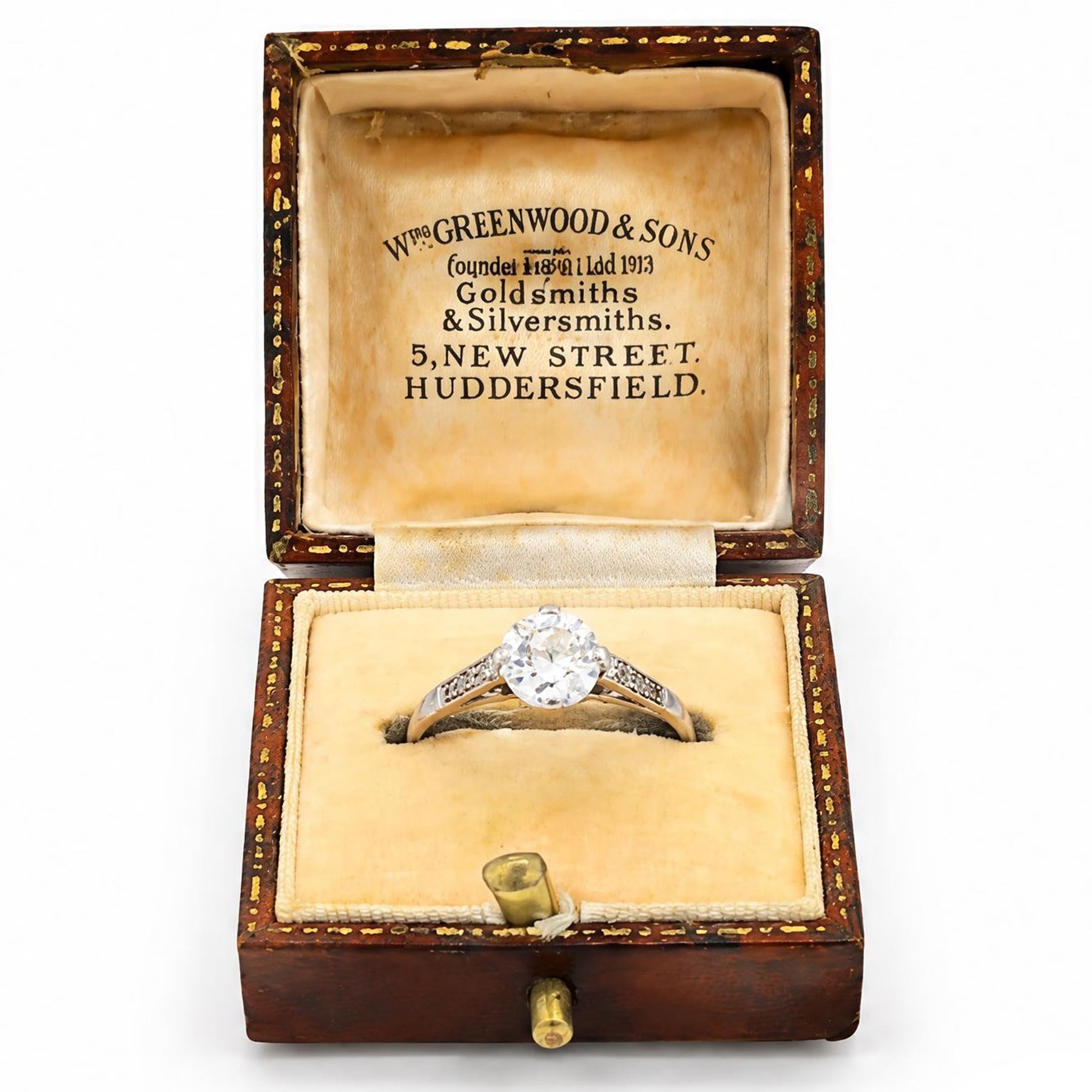 Early 20th century platinum diamond ring, four claw set with a single old cut diamond of approx 0.90 carat and diamond set shoulders, stamped Plat, inscribed with initials and dated 7.6.28