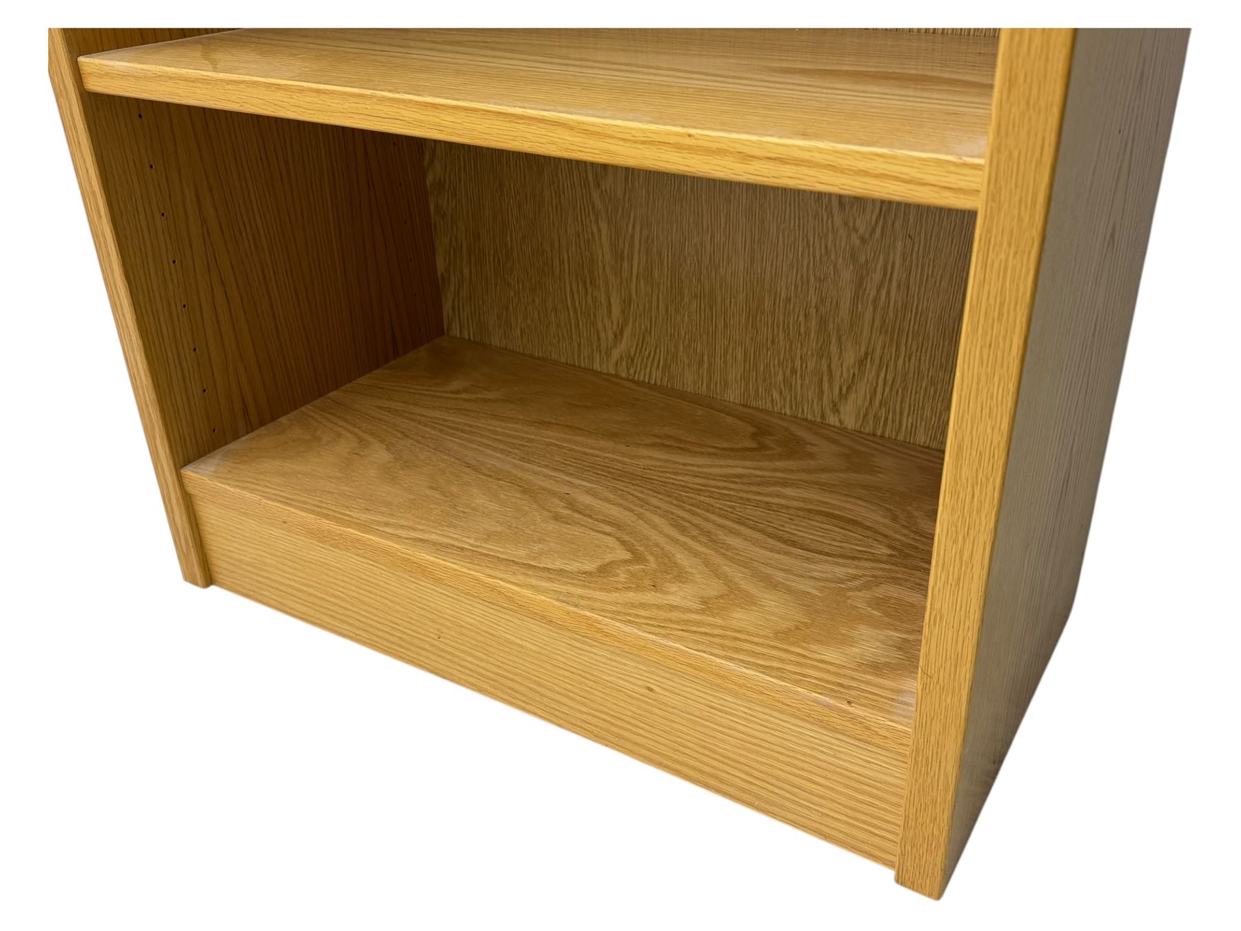Light oak 6' open bookcase, five adjustable shelves