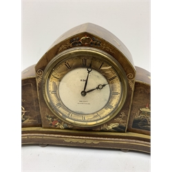 An early 20th century walnut and Shibayama decorated mantel clock, of stepped arched form, 8 day movement, dial marked Bright, Scarborough, W26cm. 