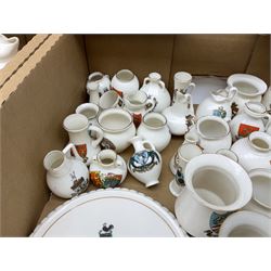 Collection of W H Goss crested ware, to include Yorkshire Roman Ewer, Scarborough ancient jug, salt and pepper shakers, Norwegian horse shaped beer bowl, The Old Horse Shoe, etc, together with five Shelley examples modelled as piano, boat, heart shaped box, etc, in two boxes 