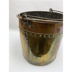 Large 19th century brass and copper bucket, with rivets, swing handle and removable zinc liner, not including handle H37.5cm D38.5cm