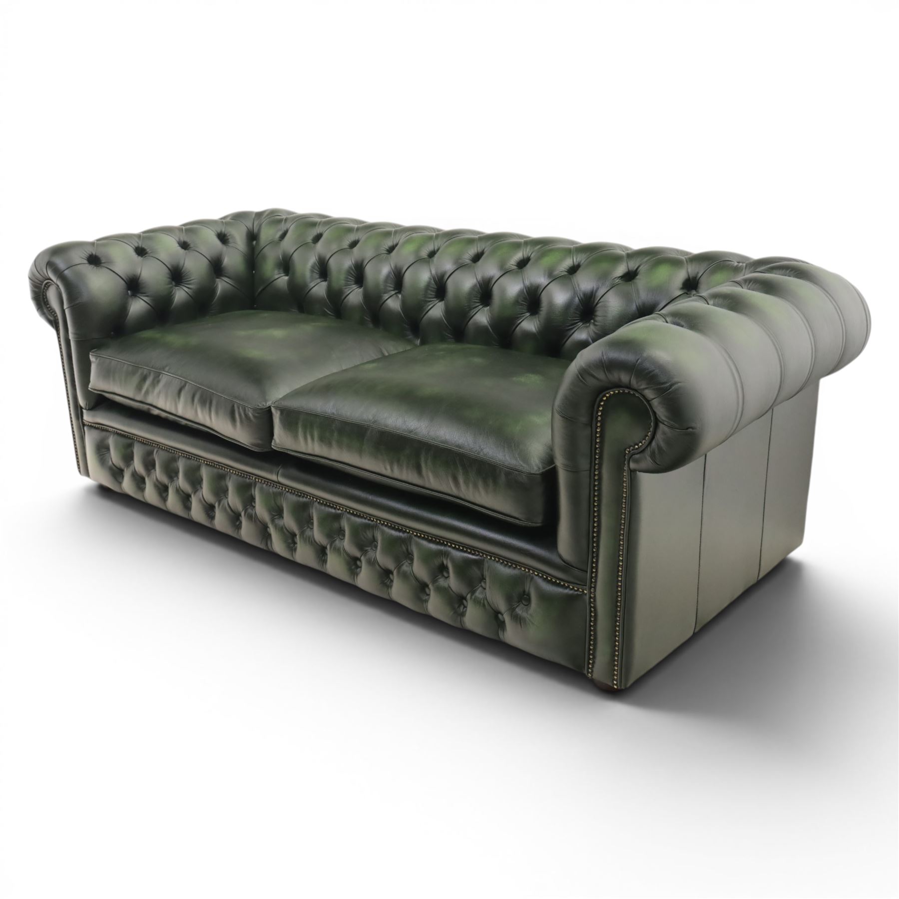 Distinctive Chesterfields - Chesterfield two cushion sofa, upholstered in green deeply buttoned leather
