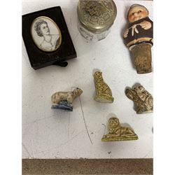 Seven Wade Whimsies, leather falcon hood, three novelty bottle corks, pair of EPNS open salts and other collectables