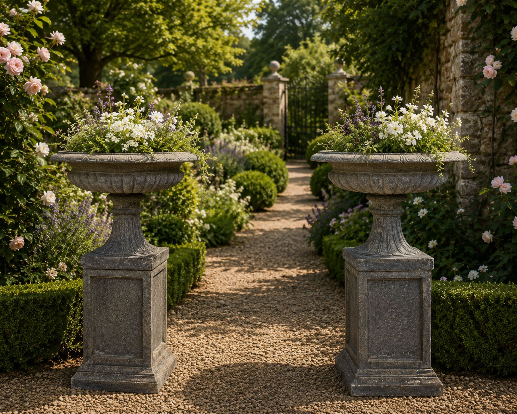 Pair of cast stone garden urns of kylix form on pedestals, the broad egg-and-dart moulded rim over a shallow gadrooned underbelly, with waisted tapering base, raised on matching plinth bases with faux panelled facia