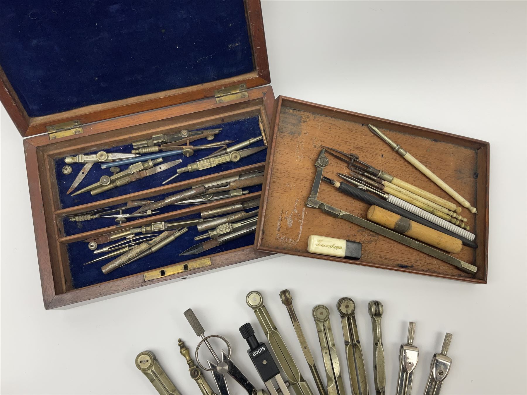 Drawing instruments - approximately thirty, various makes and ages, including compasses, dividers, pens etc, some with turned bone handles; and Victorian mahogany empty instrument case with lift out tray