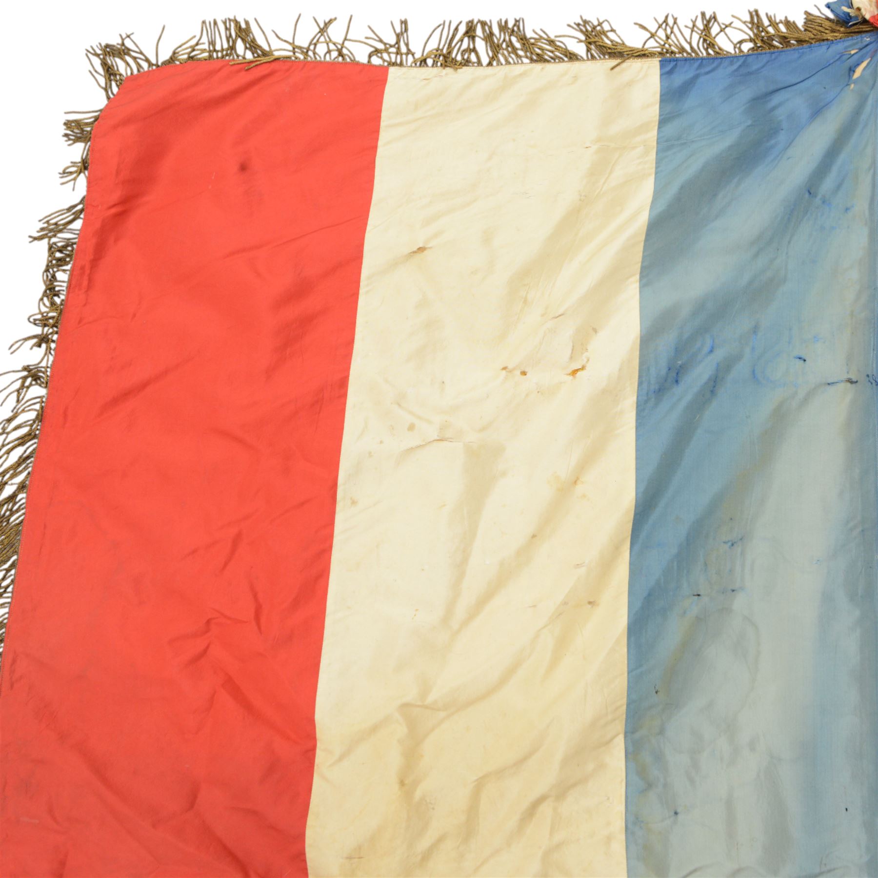 French Reserve of Non-commissioned officers association banner, in blue red and white silk with inscription 'Union Regional Des Sous-Officers De Reserve 17e Region' with bullion fringe borders, wood and brass pole with spearhead finial, L210cm
