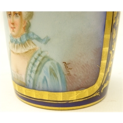  Mid 19th century Sevres 'Chateau Des Tuileries coffee can and saucer, the central panel painted with a portrait of du Chon cobalt blue ground, gilded borders & the saucer decorated with floral panels, printed and painted marks to base  