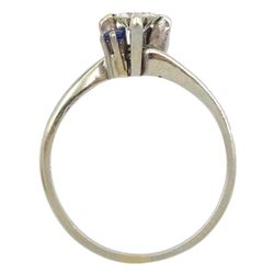 18ct white gold round brilliant cut diamond ring, set with a round sapphire either side, hallmarked, diamond approx 0.35 carat