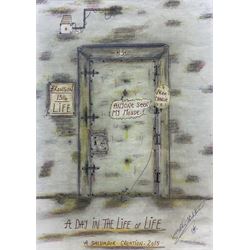 Charles Bronson (Charles Arthur Salvador) (British 1952-): 'A Day in the Life' of the artist, mixed media signed titled and dated 2015, 29cm x 20.5cm