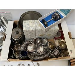 Quantity of silver thimbles and teaspoons, various hallmarks and stamps, and a quantity of other silver plate and metalware