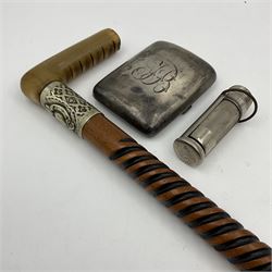 Silver cigarette case, hallmarked Birmingham 1910; Marble's Gladstone waterproof match case; and a silver collared walking stick (3)