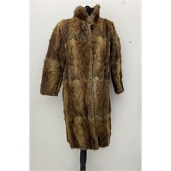 Ladies brown coney fur jacket, together with ladies musquash fur full length coat with pair of fur mittens with leather palms. 