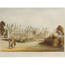  Collection of 19th century engravings and lithographs including 'The Pavilion at Brighton', by Thomas Sutherland, pub. 1821, 'The Pavilion Brighton, West View', by R. G. Reeve, 'Looking over the Dam' - The Crystal Palace, by R Carrick, 'The Catholic College of Stonyhurst, Lancaster', by Middiman, 'The South View of Newport..' by Buck and two others max 42cm x 53cm (7)  