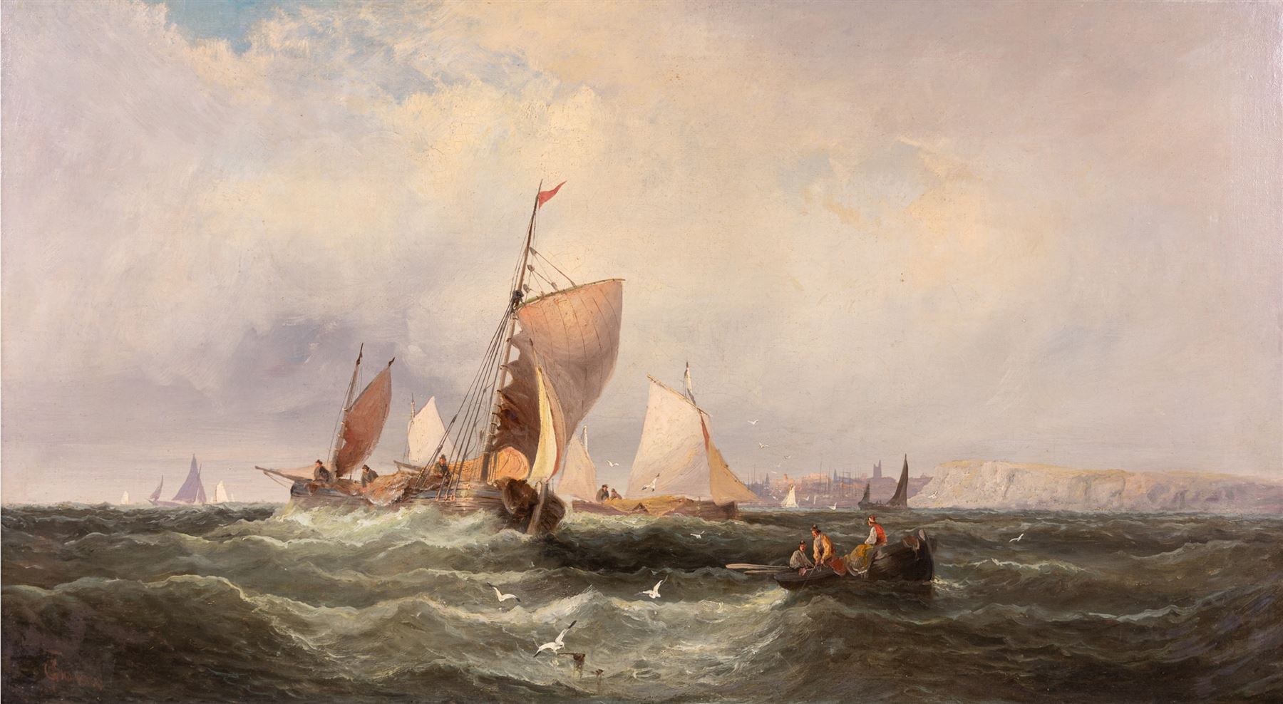 William Anslow Thornley (British fl.1858-1898): Shipping off Tynemouth, oil on canvas signed with pseudonym 'C Thornbery' 44cm x 80cm 
Provenance: with the Mandell Gallery, Norwich, label verso
