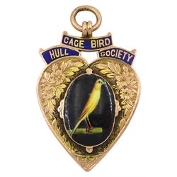 9ct rose gold and enamel 'Hull Cage Bird Society', heart shaped medallion pendant, presented to J.W. Towse winner of the novice pointes cup 1921', by Vaughton & Sons, Birmingham 1922, in fitted case