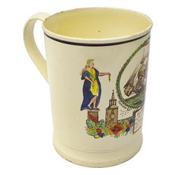 Early 19th century Sunderland Dawson & Co creamware pottery mug, the cylindrical body black transfer printed and polychrome detailed with a circular panel of a three-masted ship flanked by two figures of Peace and Plenty, above a panel containing verse 'May Peace with Plenty on our Nation smile [...]' H15cm D11cm
