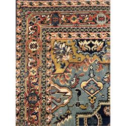 Belgian Sultan woollen ground rug, central navy field densely decorated with floral sprays and geometric patterns (192cm x 135cm); handwoven tribal terracotta ground rug (121cm x 71cm); Persian crimson ground runner, all over stylised floral and foliate motifs (266cm x 94cm)