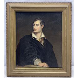 English School (19th century): Portrait of Lord Byron, oil on canvas unsigned, indistinctly inscribed on the stretcher 29cm x 24cm