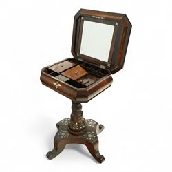 Victorian Mother-of-pearl inlaid rosewood work table, octagonal top inlaid with silvered brass and mother-of-pearl trailing branches of acorn, leaf, and flowering bud decoration, bombe shaped apron with mother-of-pearl leaf inlaid escutcheon, hinged lid with folding mirror, and interior with six lidded compartments and hinged pin cushion above acanthus carved and inlaid pedestal on quattro form base with scroll legs