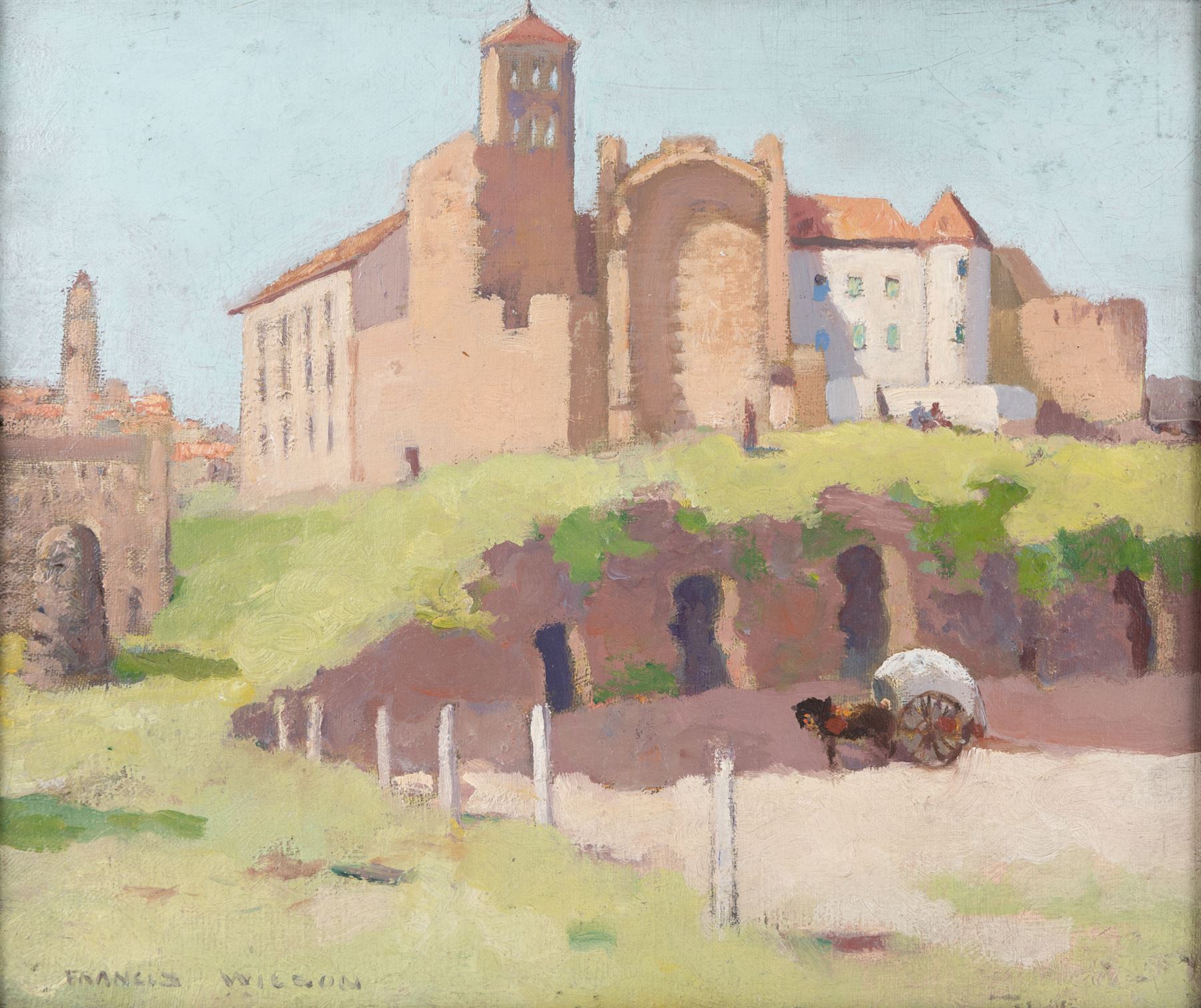 Francis Wilson (Scottish 1876-1957): 'Temple of Venus de Roma', oil on canvas board signed, titled verso 28cm x 34cm