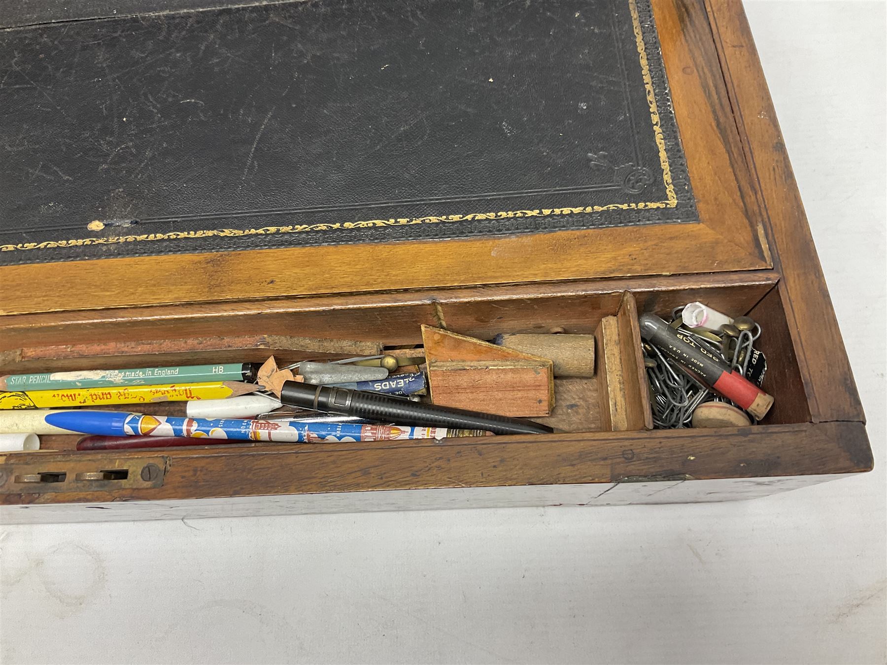 Mahogany brass bound writing box for restoration, the hinged lid lifting to reveal compartmented interior with folding slope, W50cm D25cm H18cm