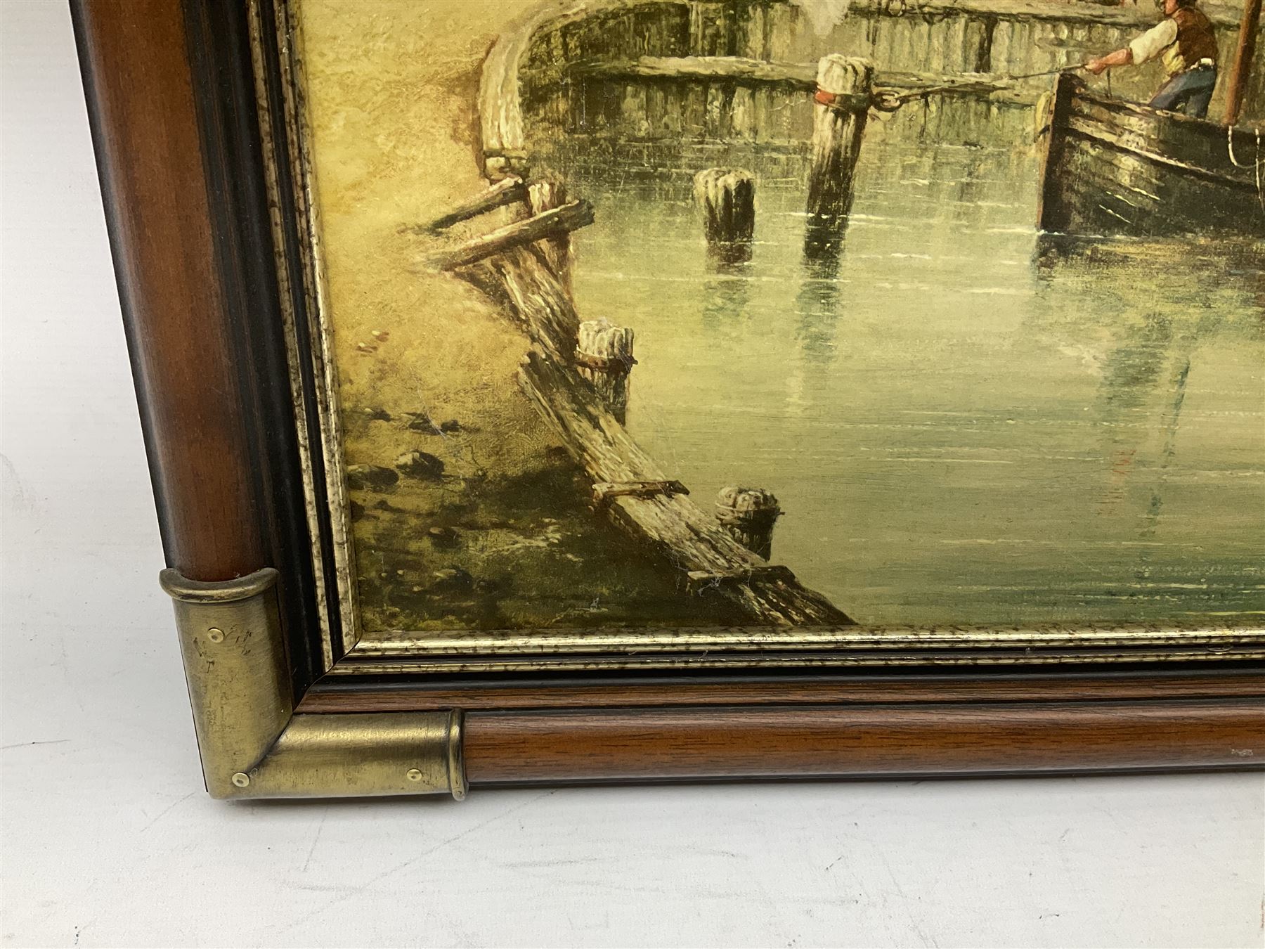 Framed oleograph type print after Henry Redmore, Calm on the Humber, overall H60cm W121cm