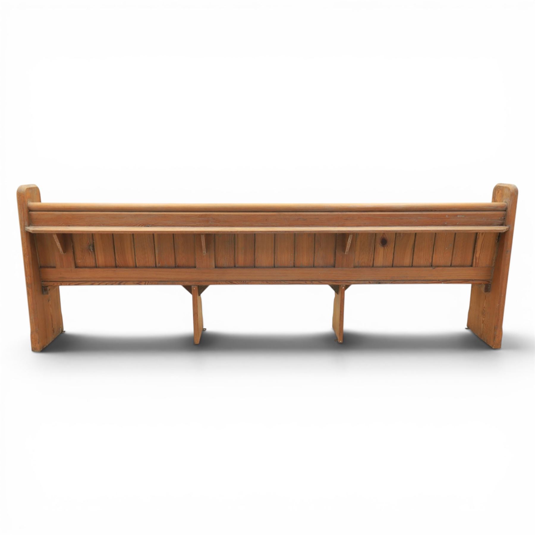 Victorian pitch pine church pew, tongue and groove back with rear shelf, shaped sides and supports 