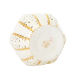 Pair of Grainger & Co. Royal China Works Worcester vases, of globular form with knopped elongated neck, with alternating reticulated panels  and gilt highlights, with printed mark beneath each numbered 1963, H19cm