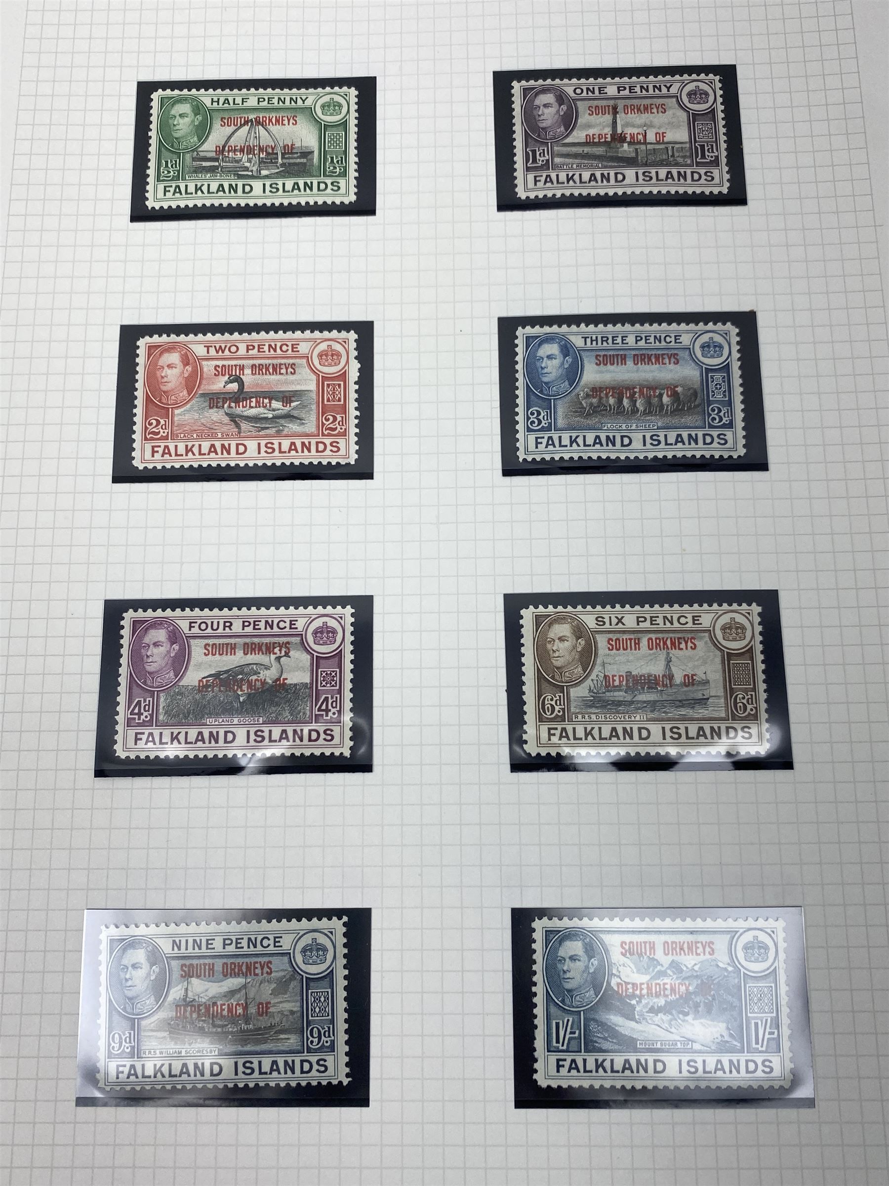 Falkland Islands, King Edward VII and later stamps, including 1904-12 values to one shilling unused, King George V 1912-20 values to five shillings unused etc, housed on pages