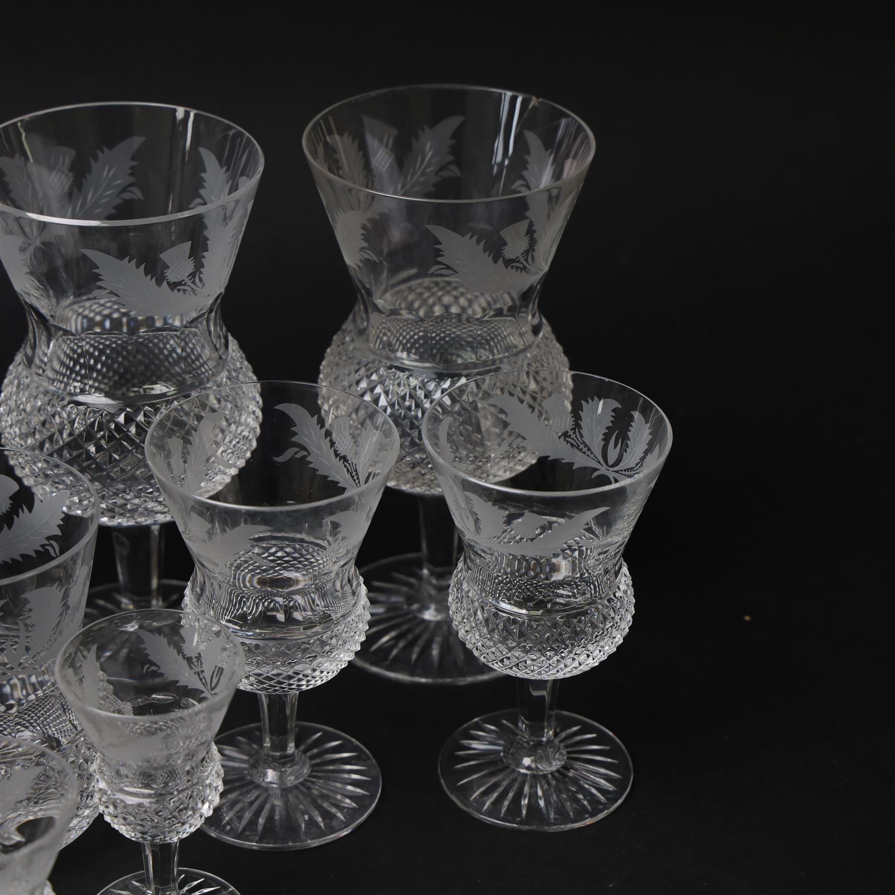 Ten Edinburgh Crystal Thistle pattern glass, comprising one red wine glass, two white wine glass, champagne flute, two port, three sherry and one tumbler