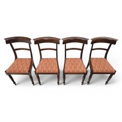 Set of eight 20th century solid rosewood dining chairs, upholstered drop in seats, on oak stretchers, made by Gott's of Pickering and T Feetam of Hull, stamped on all chairs, seat height 47cm