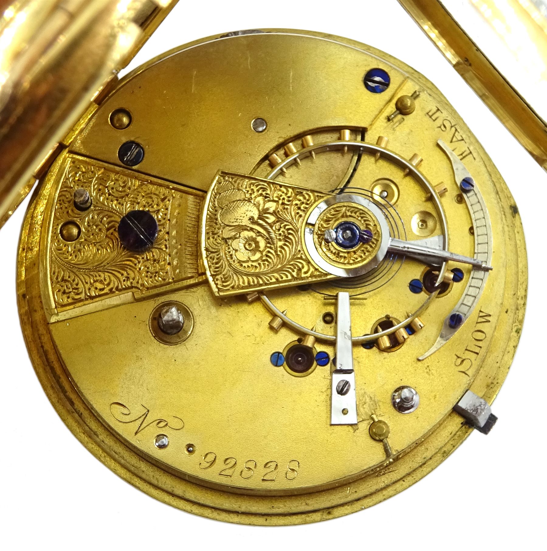 Victorian 18ct gold lever fusee pocket watch, No. 92828, engraved balance cock with flower decoration and diamond endstone, white enamel dial with Roman numerals and subsidiary seconds dial, the inner case inscribed 'William Brackenbury Darlington', Birmingham 1883