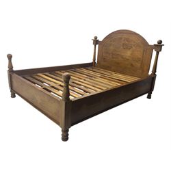 Contemporary mango wood bed frame, comprising an arched panelled headboard and footboard with inlaid geometric patterns, turned posts with spherical finials, and complete with side rails and slatted base
