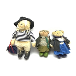 Three Teddy Bears by Gabrielle Designs comprising 'Sir Henry' and 'Lady Caroline' and Paddington Bear wearing a blue and white striped rugby kit, boots and kit bag H52cm (3)