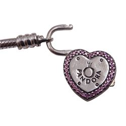 Silver Pandora bracelet with heart clasp and four silver Pandora charms, all stamped 925 ALE and boxed