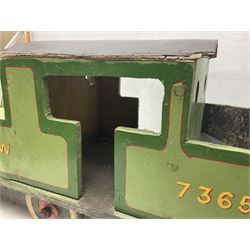 1960s scratch-built green, black and red painted wooden model of a 4-6-0 tank locomotive 'Andrew' No.7365 L88cm; and an unused wall mounting die-cast model display cabinet with glass door and shelves 52 x 40cm (2)