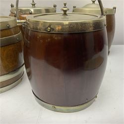 Five early 20th century biscuit barrels with silver-plated mounts, one made from Mahogany from HMS Hindustan