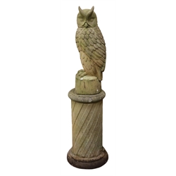  Selby Stone model of an Eagle Owl, on twist moulded circular column with stepped circular base, H117cm  