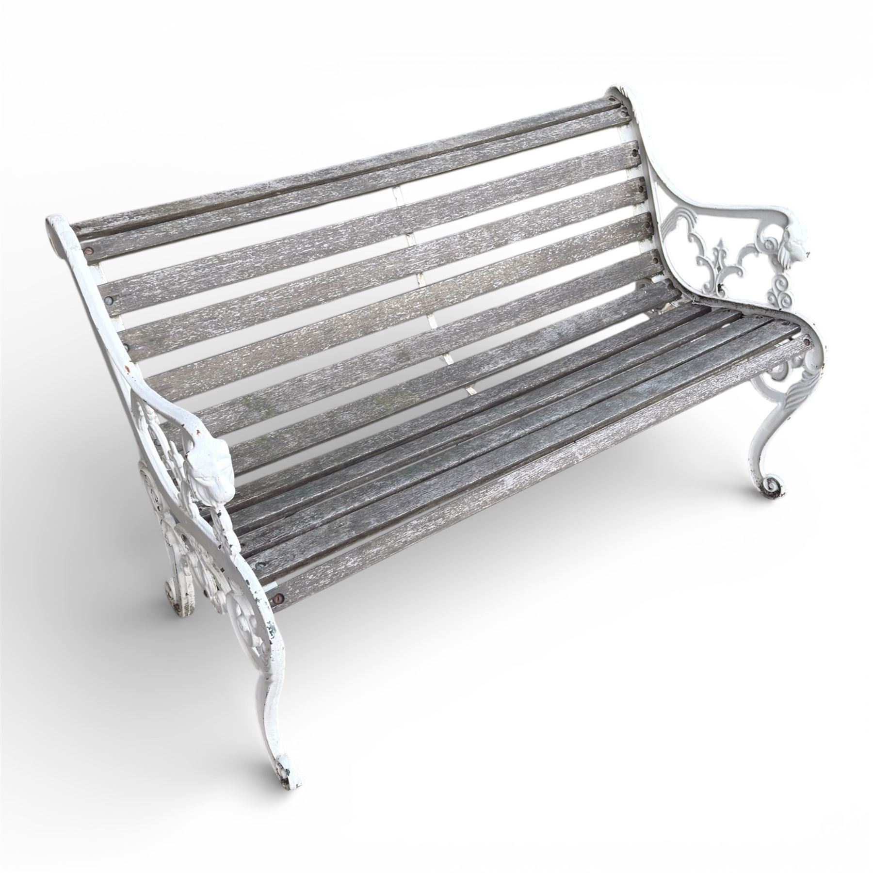 Cast iron and wood slatted garden bench in a white finish