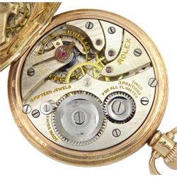 Early 20th century 9ct gold full hunter Swiss lever pocket watch by Rolex, white enamel dial with Roman numerals and subsidiary seconds dial, case by Dennison Watch Case Co, Birmingham 1929, retailed by Barraclough & Sons Lt, Leeds