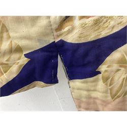 1930s Japanese fully lined kimono decorated with Japanese naval vessels and bi-planes, Japanese, American and British flags and dated 1935; looks to be child's size