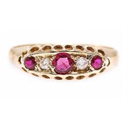 Early 20th century 18ct gold ruby and diamond ring, three round cut rubies, spaced by two ...