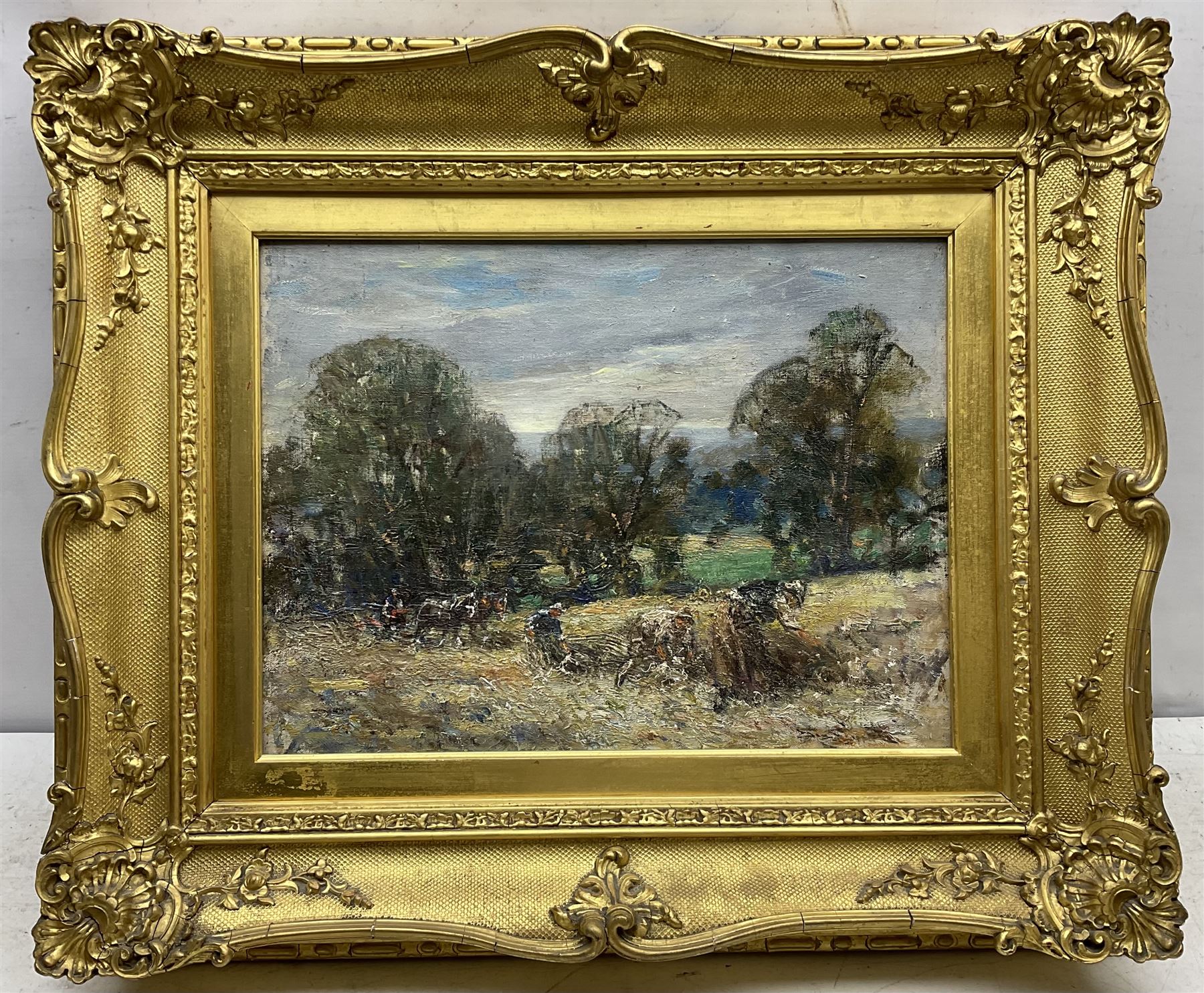 George Smith (Scottish 1870-1934): Harvesting, oil on board signed 30cm x 40cm 
Provenance: with Doig Wilson & Wheatley, Edinburgh, label verso
