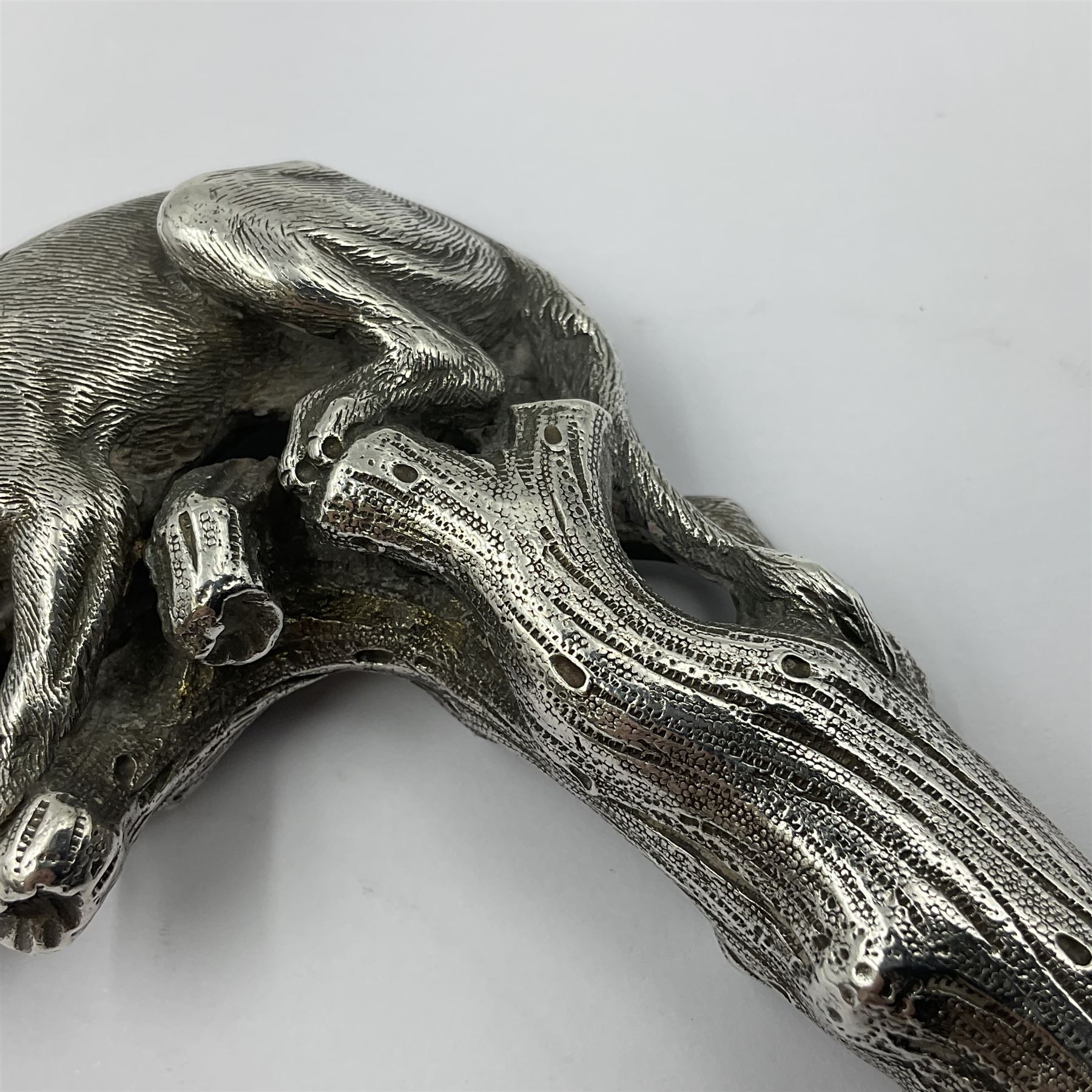 Victorian silver walking cane handle, modelled as a panther upon a tree branch, hallmarked London 1851, maker's mark worn and indistict
