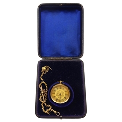 Early 20th century continental gold ladies pocket watch, top wind, stamped 14K, on gold chain stamped 9c