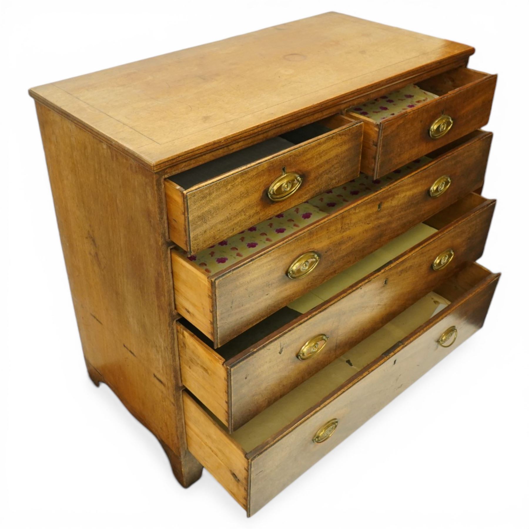 George III mahogany straight-front chest, fitted with two short over three long graduating drawers, each fitted with original pressed brass handle plates, shaped apron over bracket feet