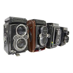 Four medium format TLR cameras, comprising Zeiss Ikon Ikoflex serial no. TD17003 with Tessar 1:3.5 f=7.5cm and Teronar Suchar-Anastigmat 1:3.5 f=7.5cm lenses, Franke & Heidecke Rolleiflex serial no. 1164037 with Tessar 1:2.8 f=80mm and Heidoscop-Anastigmat 1:2.8 f= 80mm lenses, Yashica-Mat Copal MXV serial no. MT 2050640 with Yashinon 1:3.5 f=80mm and View-Yashinon 1:3.2 f=80mm lenses and a Lomo Lubitel 166B serial no. 83169658 with T-22 4.5/75 lenses